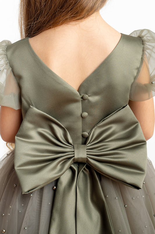 Olive Green Pearl Tulle Flower Girl Dress: Short Sleeves Satin Bodice