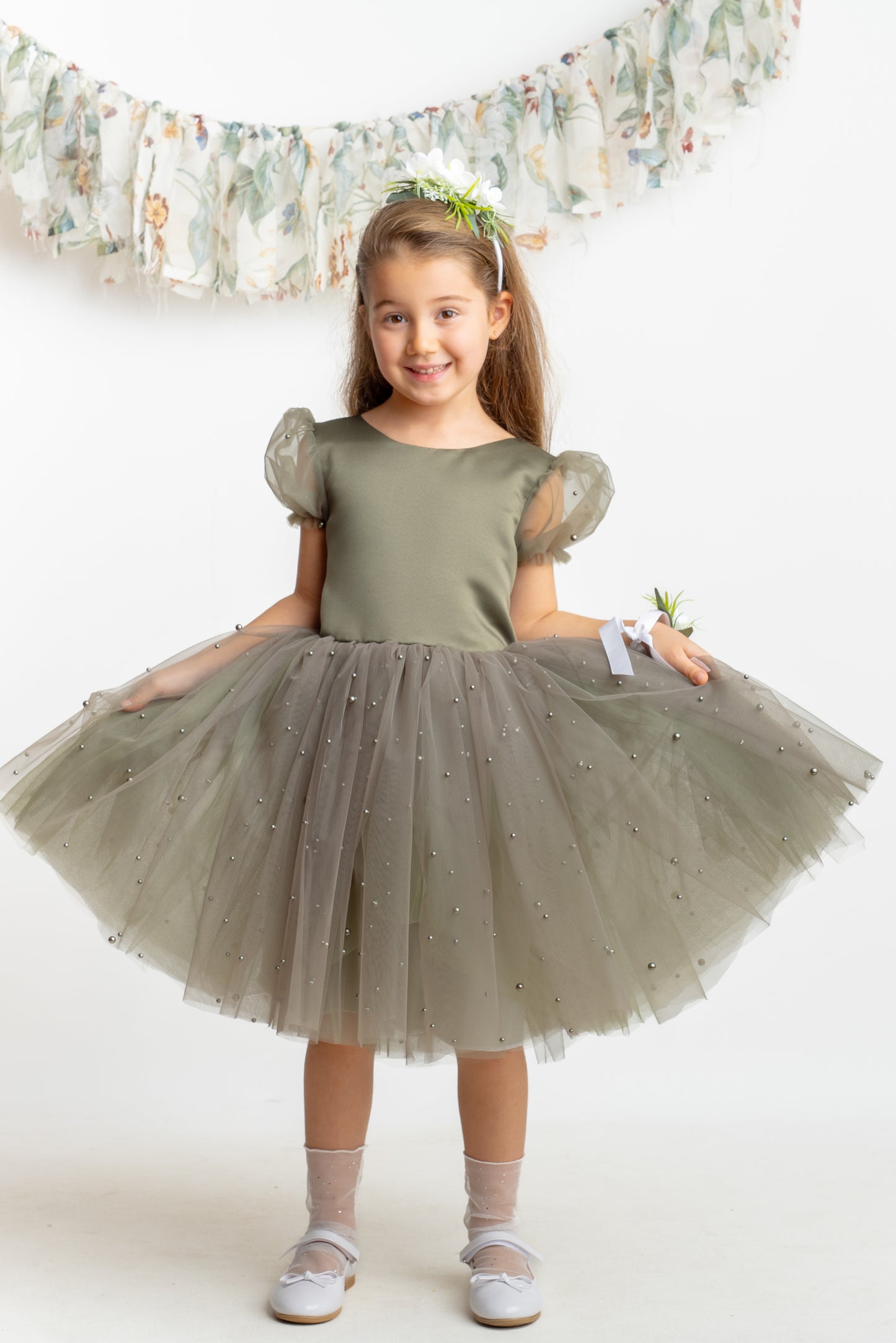 Olive Green Pearl Tulle Flower Girl Dress: Short Sleeves Satin Bodice