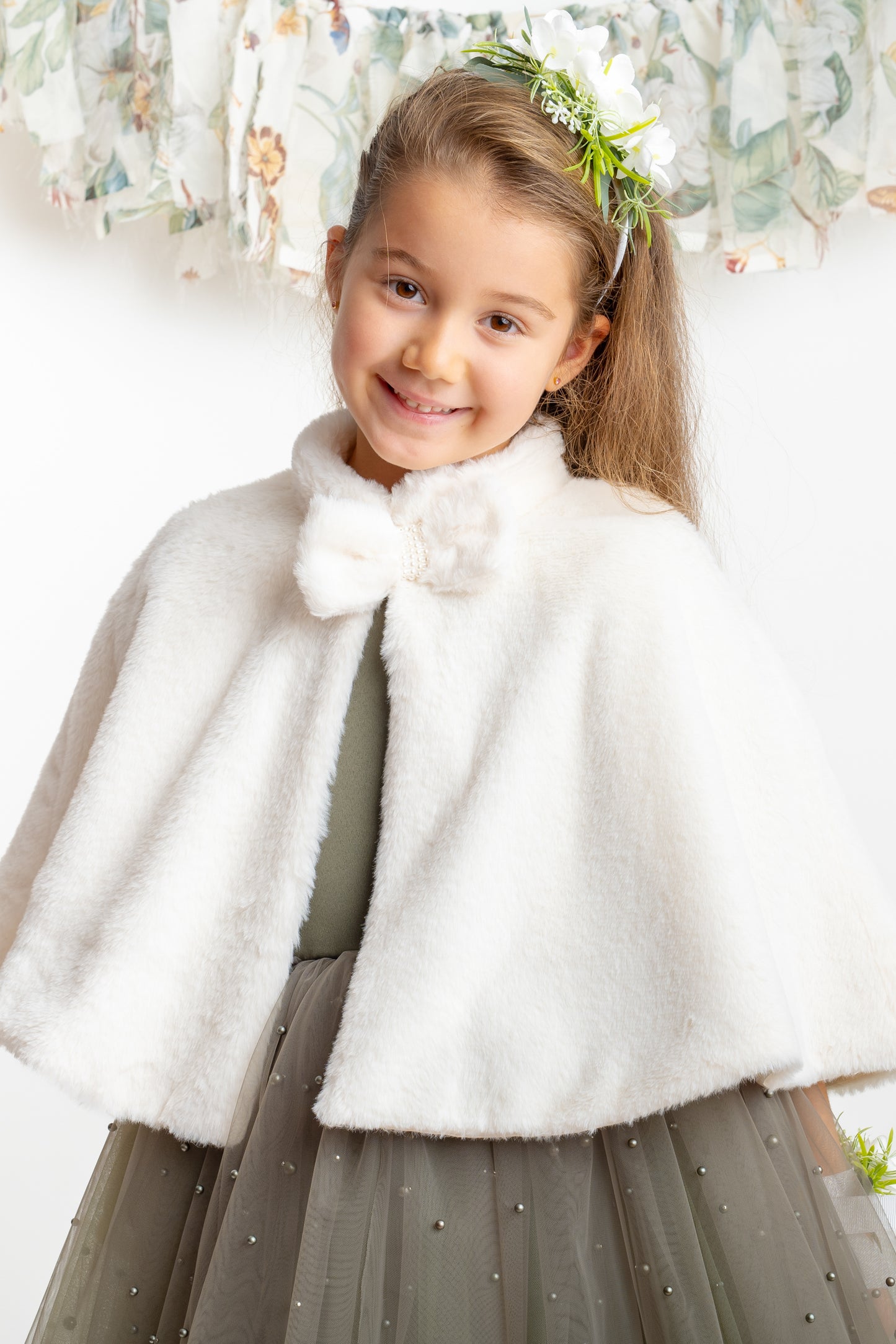 Olive Green Pearl Tulle Flower Girl Dress: Short Sleeves Satin Bodice