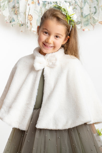 Olive Green Pearl Tulle Flower Girl Dress: Short Sleeves Satin Bodice