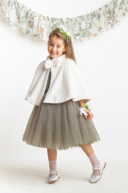 Olive Green Pearl Tulle Flower Girl Dress: Short Sleeves Satin Bodice