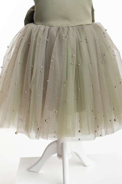 Olive Green Tulle Flower Girl Dress with Pearl Accents for Wedding, Party & Communion