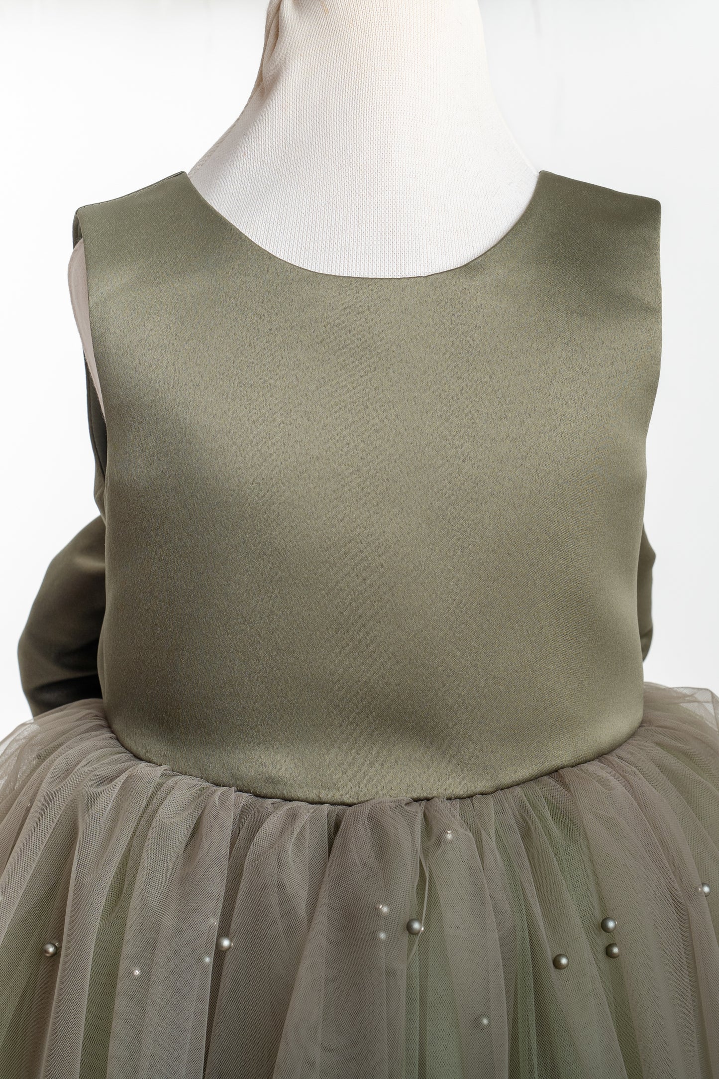 Olive Green Tulle Flower Girl Dress with Pearl Accents for Wedding, Party & Communion