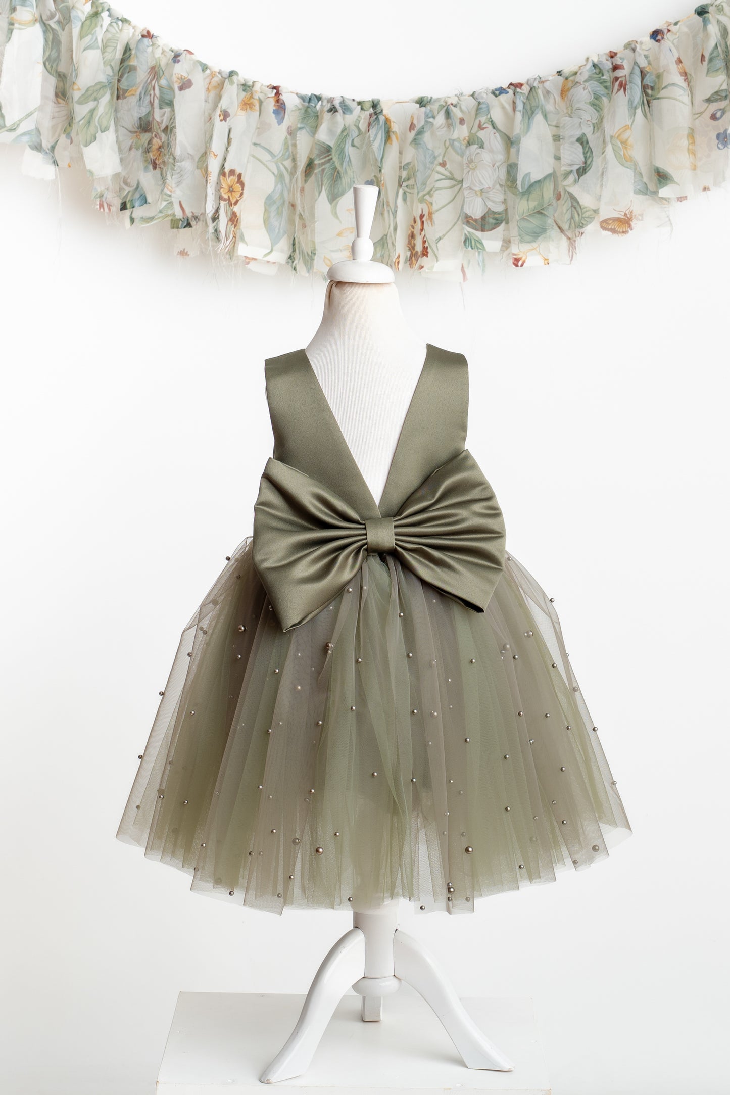 Olive Green Tulle Flower Girl Dress with Pearl Accents for Wedding, Party & Communion