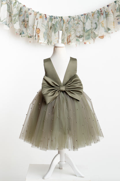Olive Green Tulle Flower Girl Dress with Pearl Accents for Wedding, Party & Communion