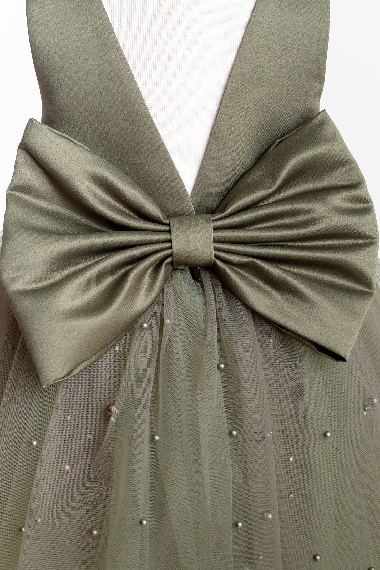 Olive Green Tulle Flower Girl Dress with Pearl Accents for Wedding, Party & Communion