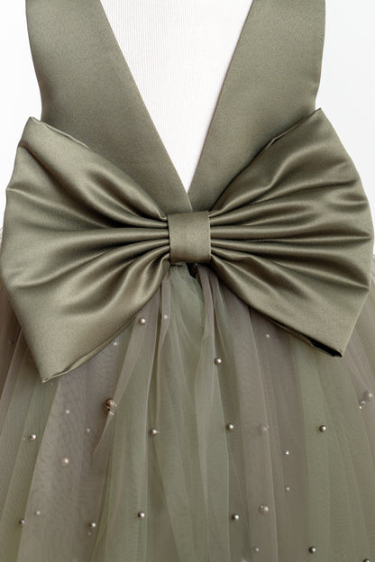 Olive Green Tulle Flower Girl Dress with Pearl Accents for Wedding, Party & Communion