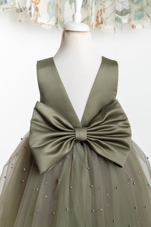 Olive Green Tulle Flower Girl Dress with Pearl Accents for Wedding, Party & Communion