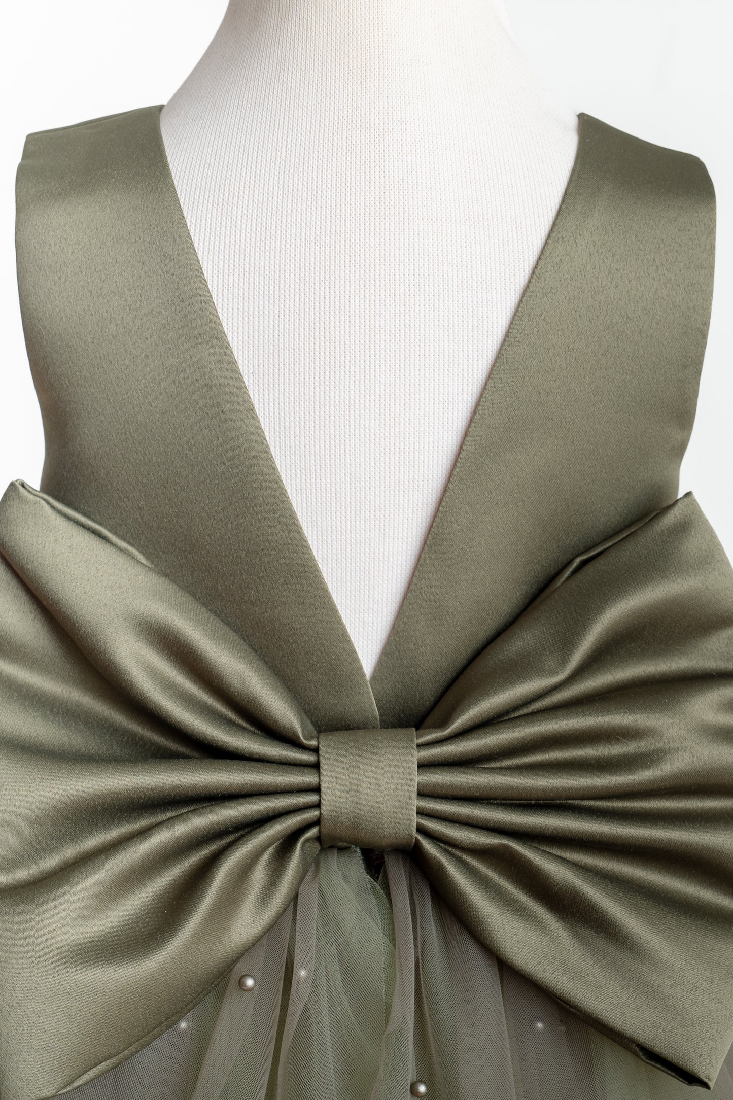 Olive Green Tulle Flower Girl Dress with Pearl Accents for Wedding, Party & Communion