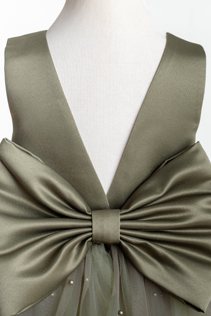 Olive Green Tulle Flower Girl Dress with Pearl Accents for Wedding, Party & Communion