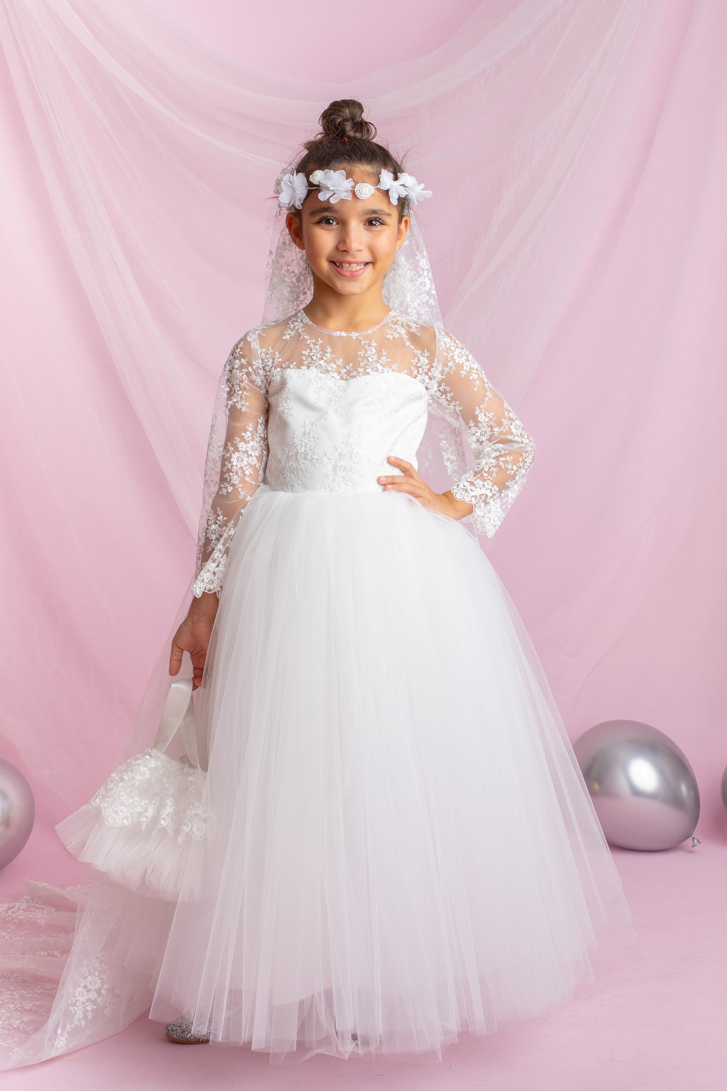 Lace Flower Girl Dress with Detachable Train: First Communion Gown