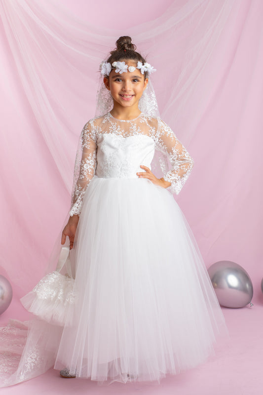 Lace Flower Girl Dress with Detachable Train: First Communion Gown