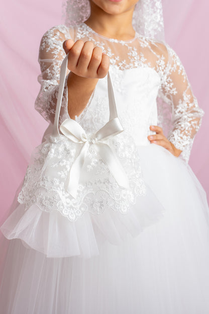 Lace Flower Girl Dress with Detachable Train: First Communion Gown