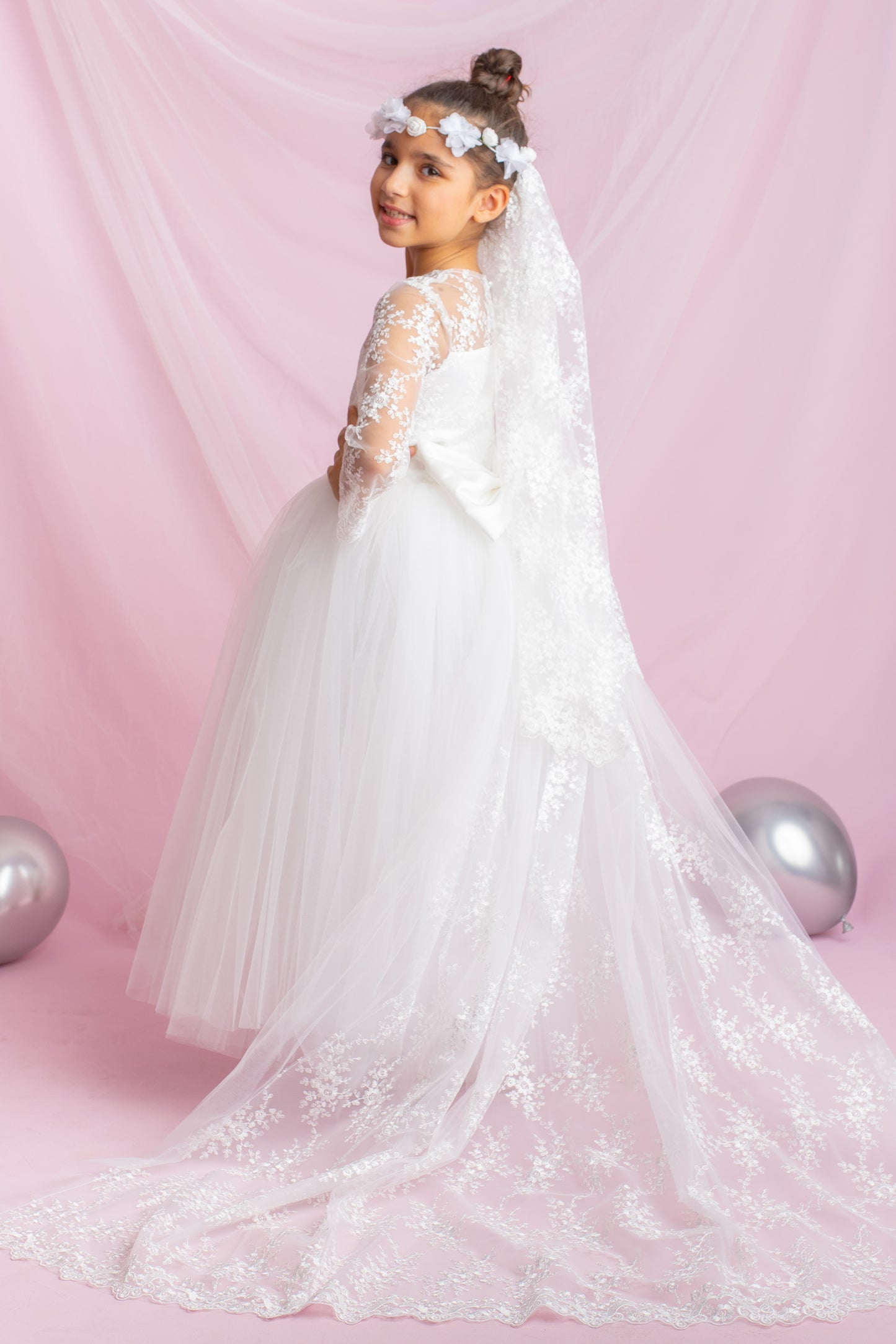 Lace Flower Girl Dress with Detachable Train: First Communion Gown