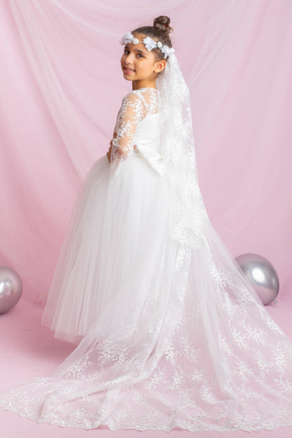 Lace Flower Girl Dress with Detachable Train: First Communion Gown