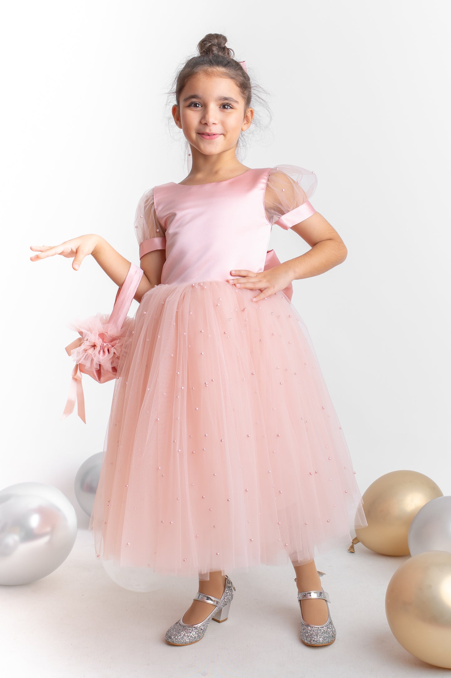 Blush Pearl Tulle Flower Girl Dress: V-Neck Communion, Baptism