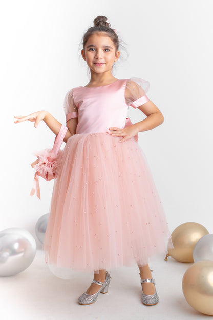Blush Pearl Tulle Flower Girl Dress: V-Neck Communion, Baptism