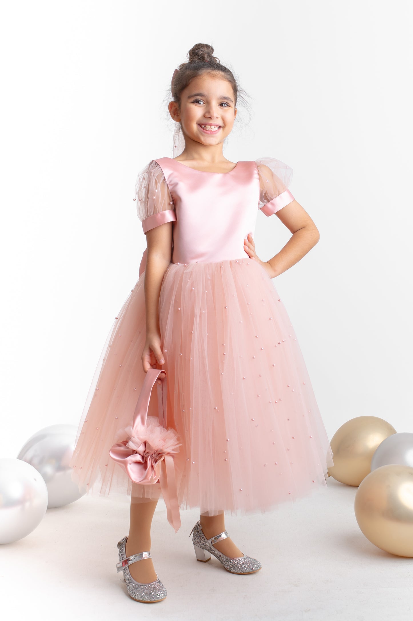 Blush Pearl Tulle Flower Girl Dress: V-Neck Communion, Baptism