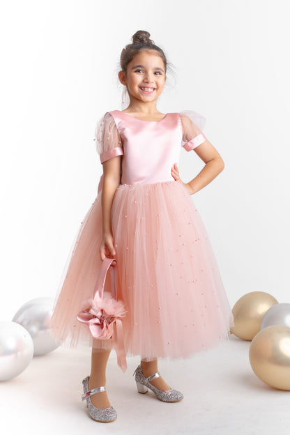 Blush Pearl Tulle Flower Girl Dress: V-Neck Communion, Baptism