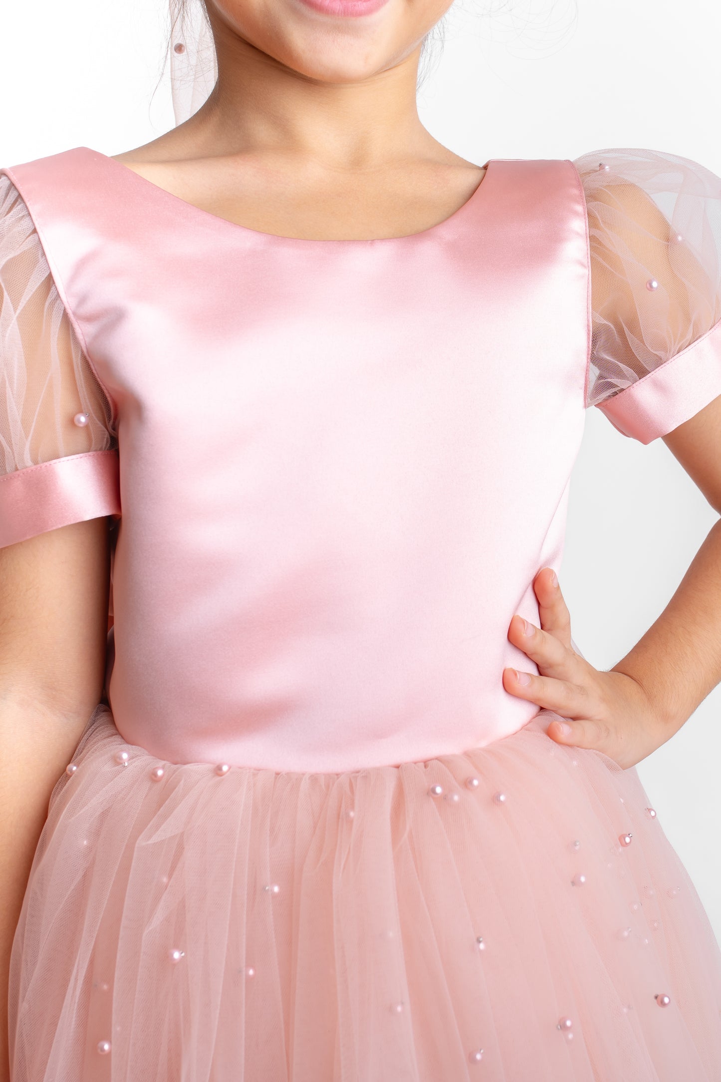 Blush Pearl Tulle Flower Girl Dress: V-Neck Communion, Baptism