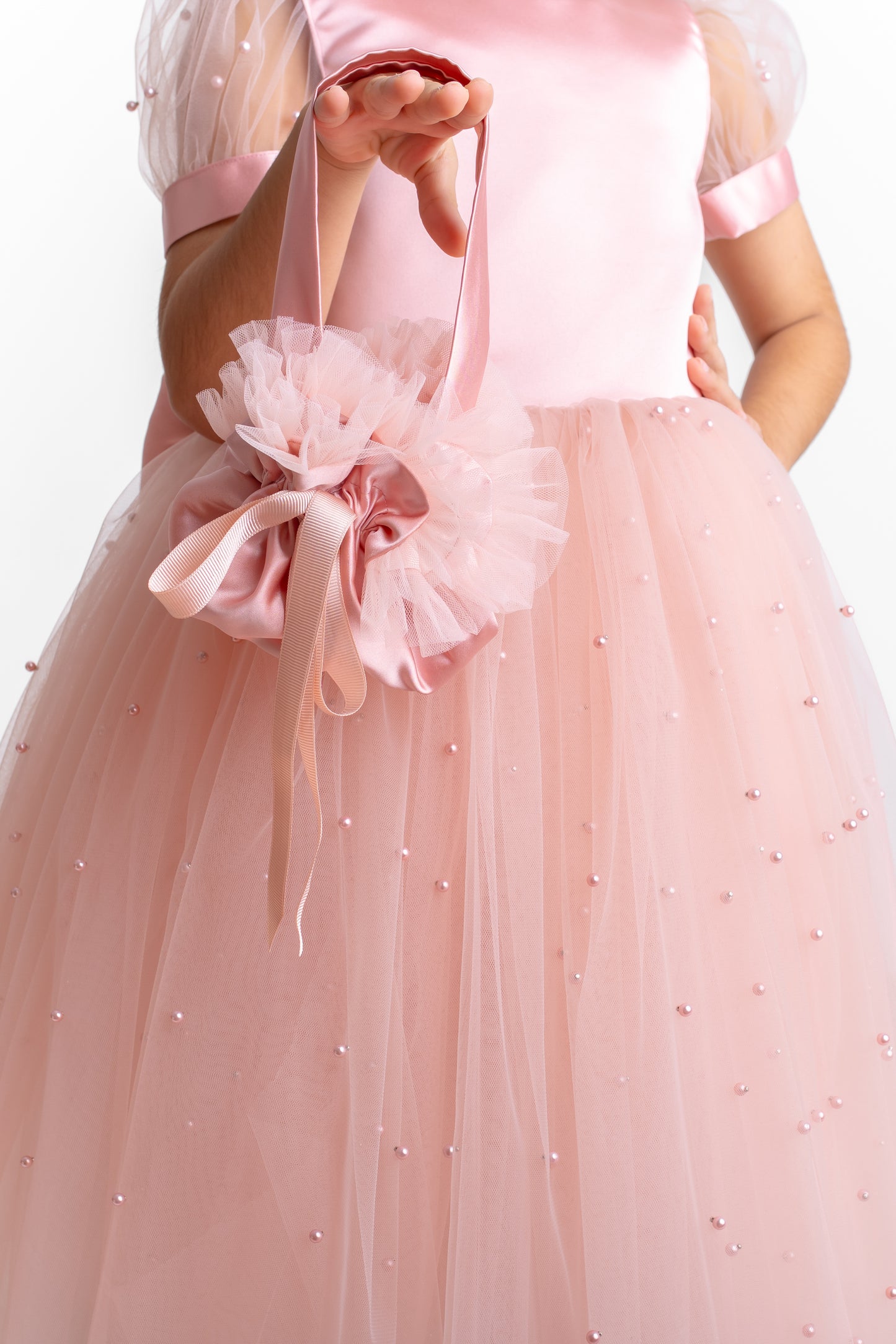Blush Pearl Tulle Flower Girl Dress: V-Neck Communion, Baptism
