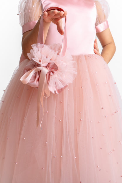 Blush Pearl Tulle Flower Girl Dress: V-Neck Communion, Baptism