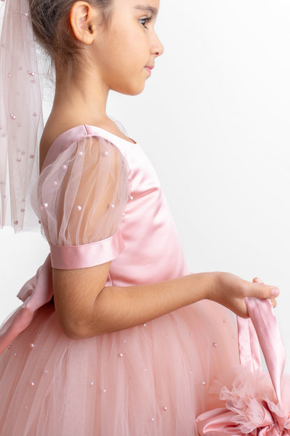 Blush Pearl Tulle Flower Girl Dress: V-Neck Communion, Baptism
