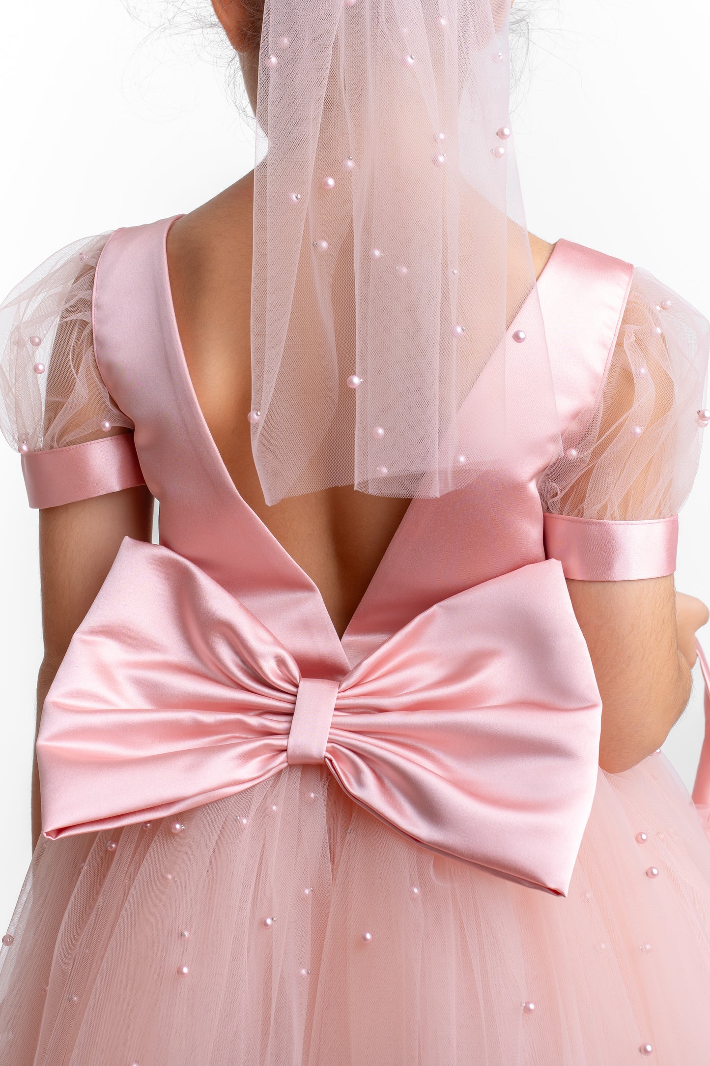 Blush Pearl Tulle Flower Girl Dress: V-Neck Communion, Baptism