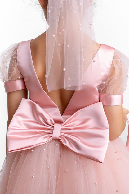 Blush Pearl Tulle Flower Girl Dress: V-Neck Communion, Baptism
