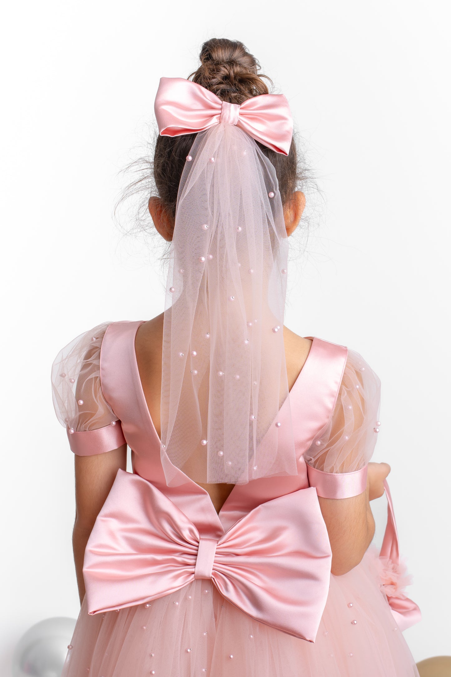 Blush Pearl Tulle Flower Girl Dress: V-Neck Communion, Baptism