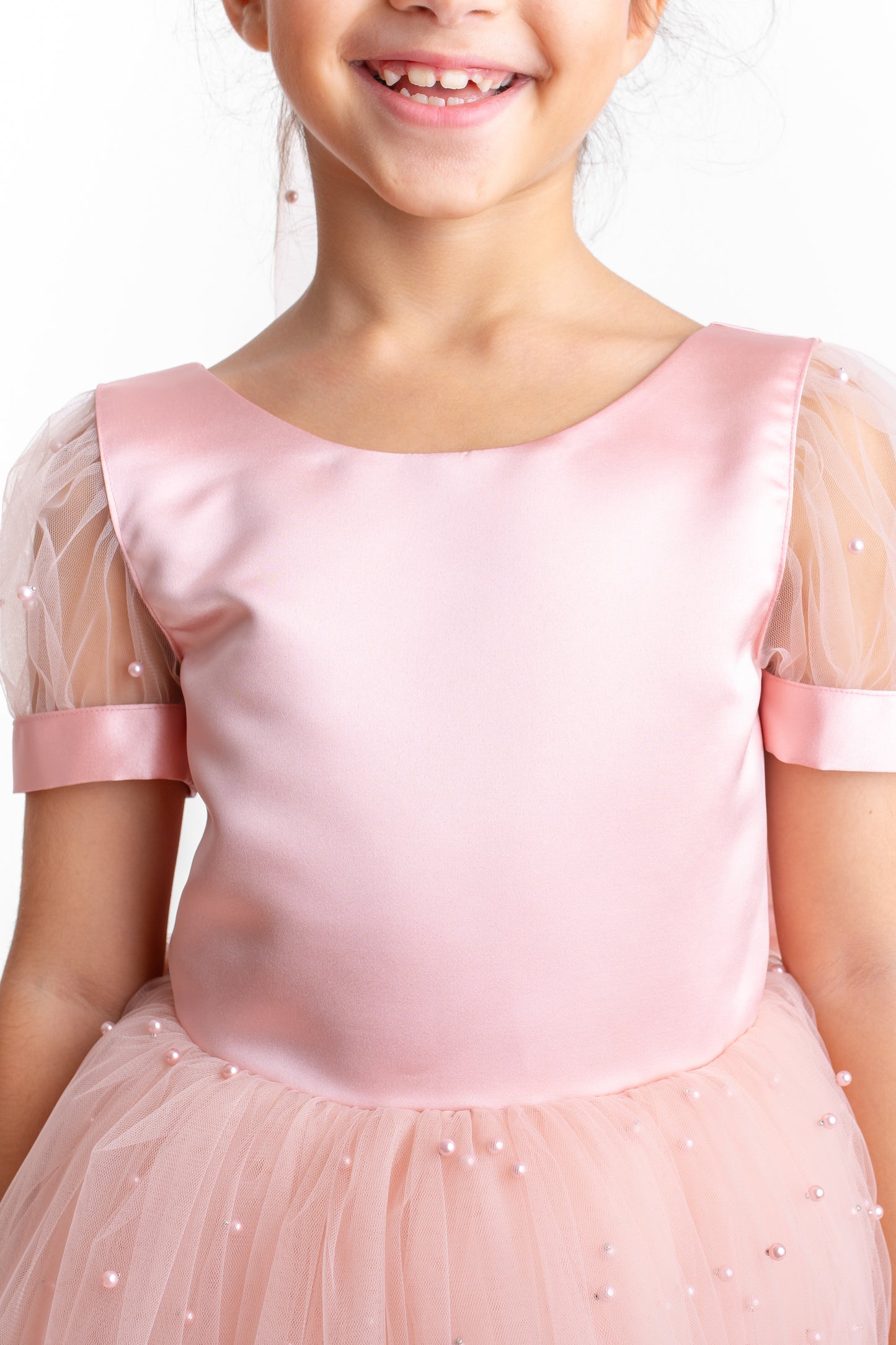 Blush Pearl Tulle Flower Girl Dress: V-Neck Communion, Baptism