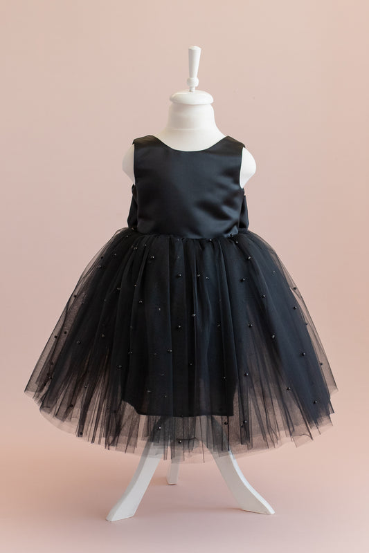 Black Lace Tulle Flower Girl Dress: V-Back Satin Bow Gown – HandyyBaby