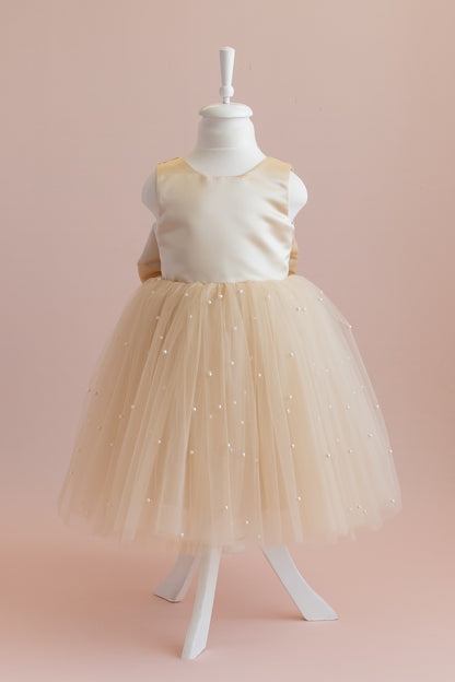 Champagne Pearl Tulle Flower Girl Dress: Satin Bow Gown