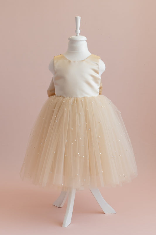 Champagne Pearl Tulle Flower Girl Dress: Satin Bow Gown