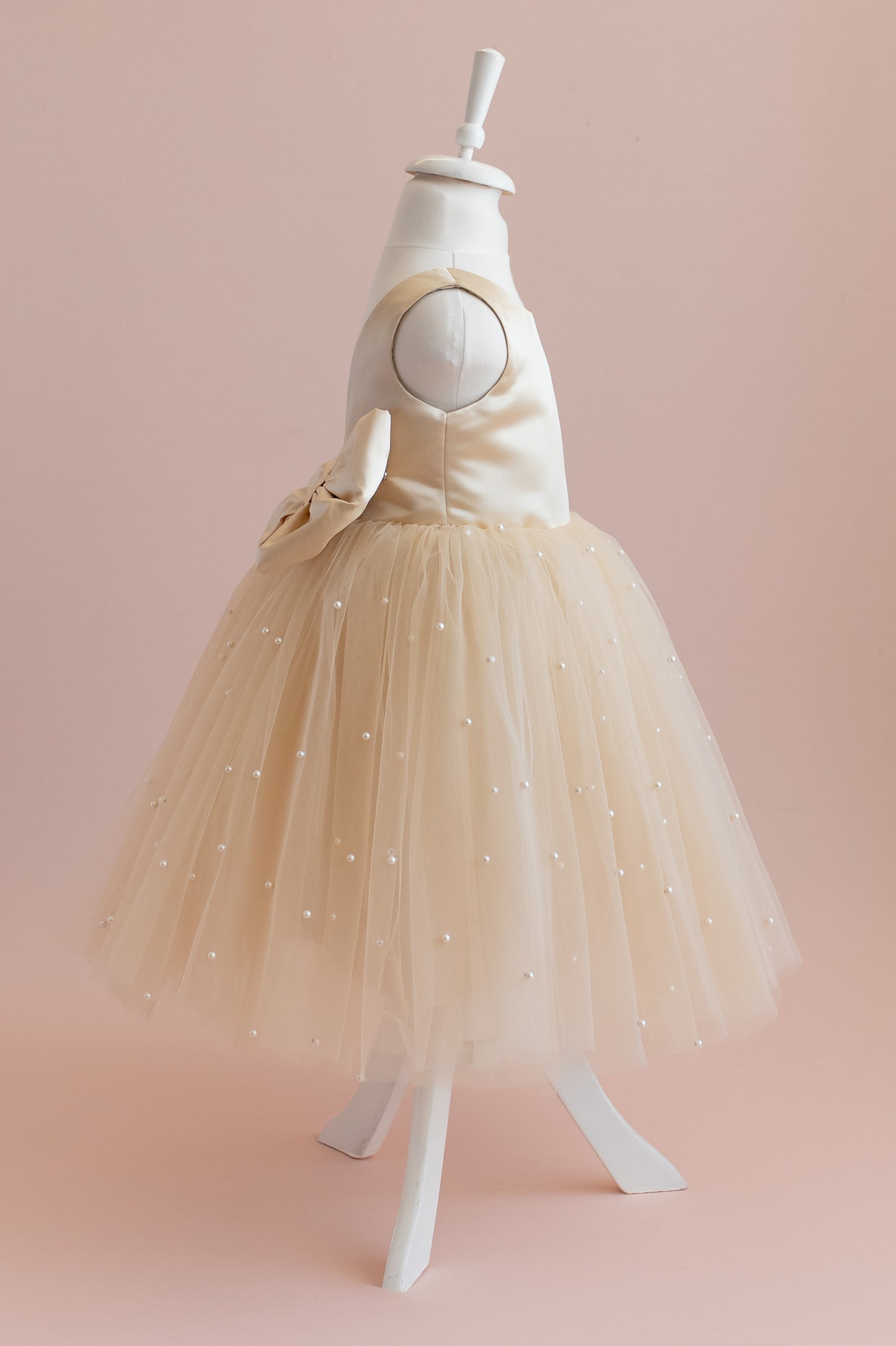 Champagne Pearl Tulle Flower Girl Dress: Satin Bow Gown