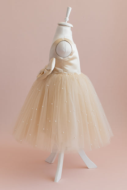 Champagne Pearl Tulle Flower Girl Dress: Satin Bow Gown