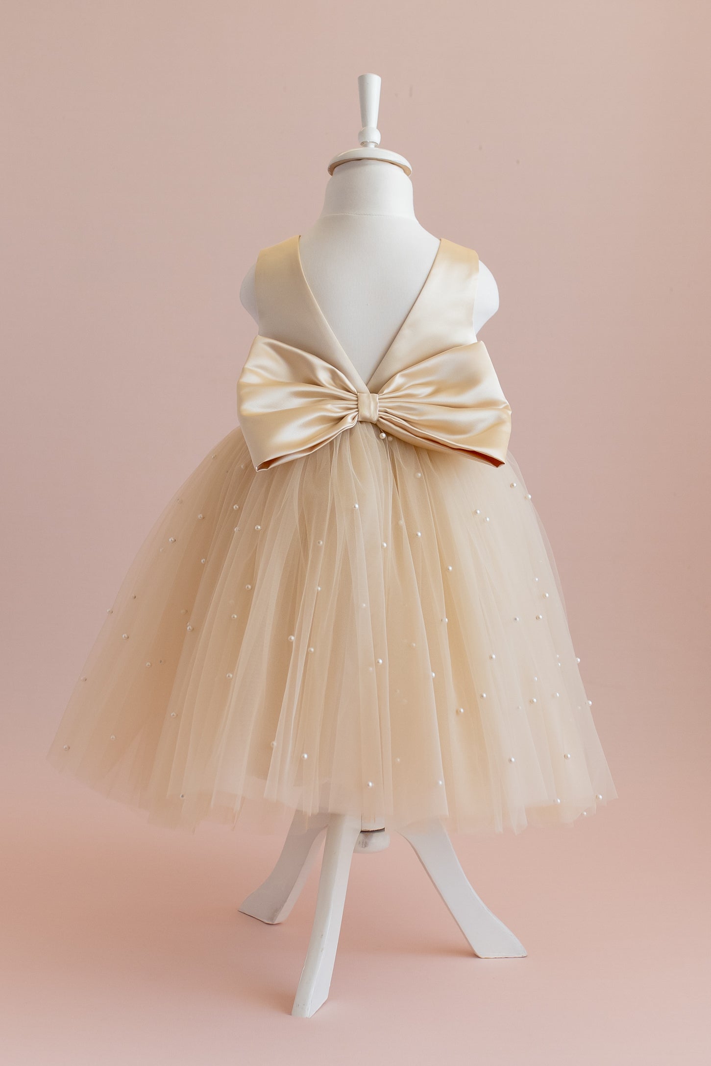 Champagne Pearl Tulle Flower Girl Dress with Satin Bow 6 / Dress & Pouch Bag