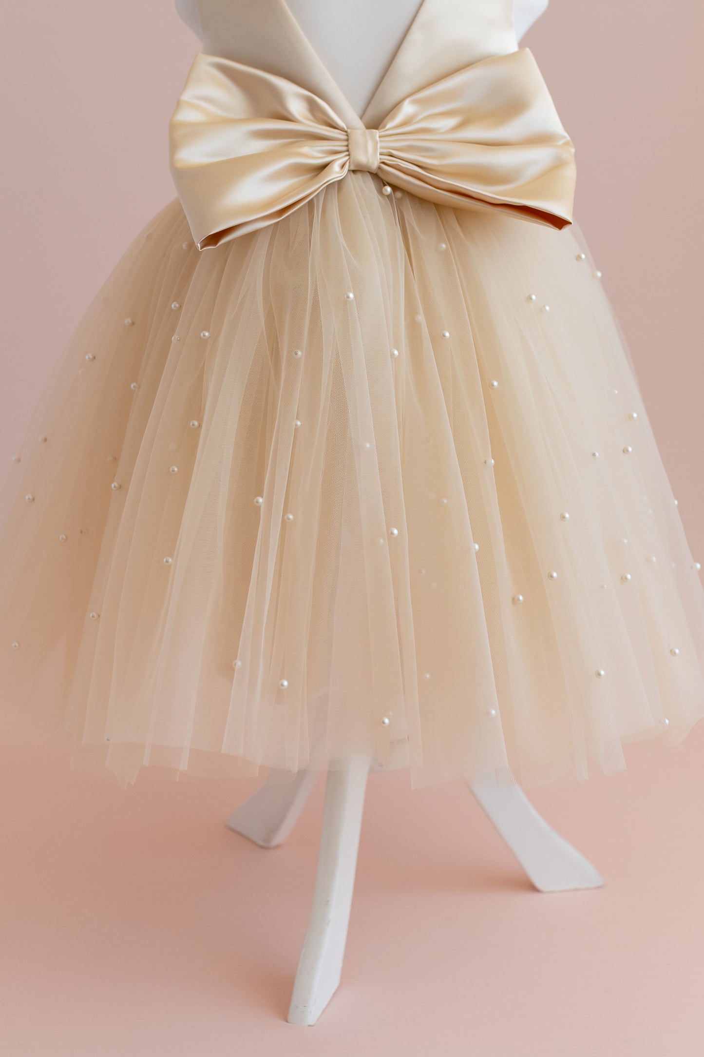 Champagne Pearl Tulle Flower Girl Dress: Satin Bow Gown