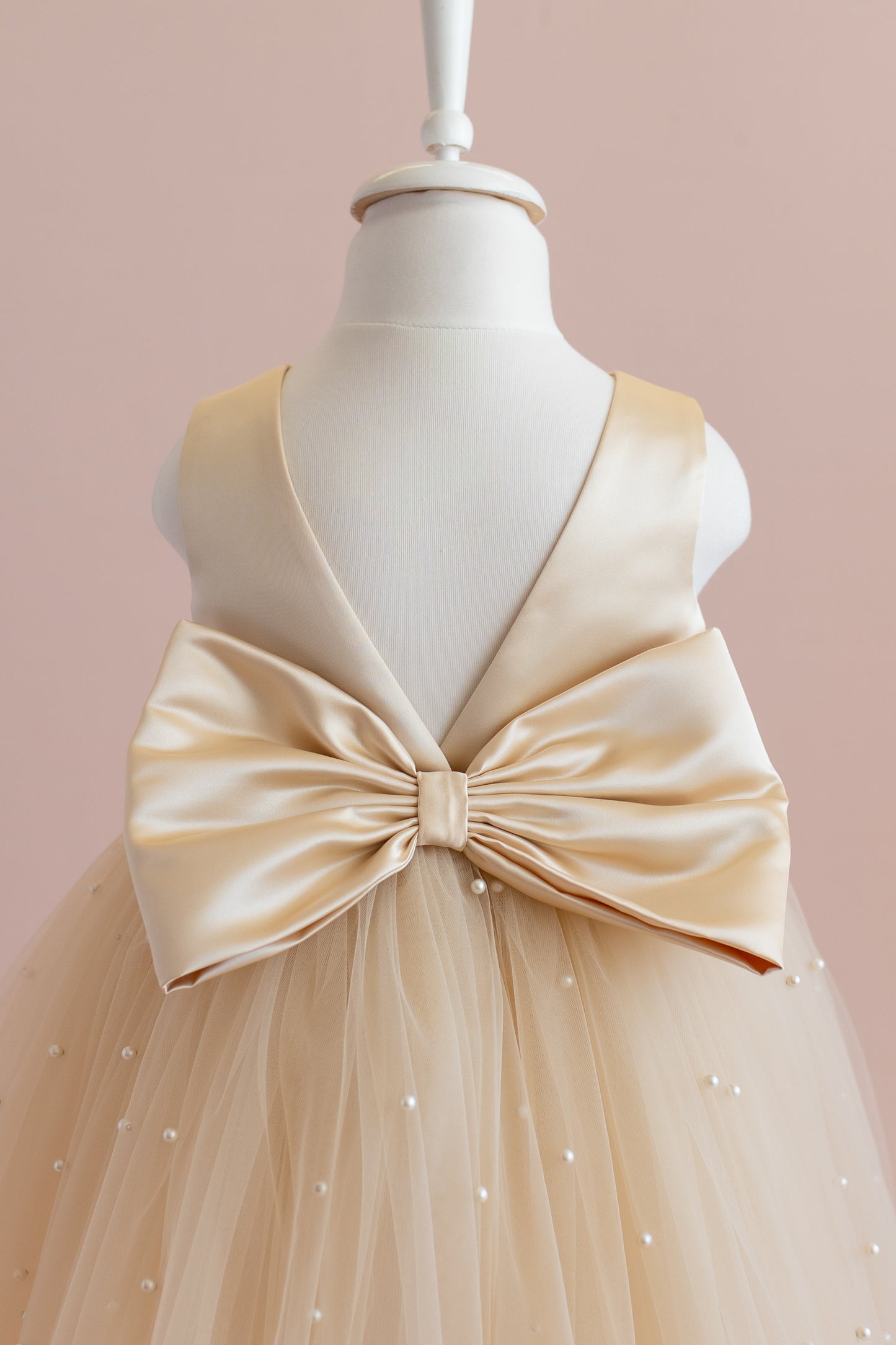 Champagne Pearl Tulle Flower Girl Dress: Satin Bow Gown