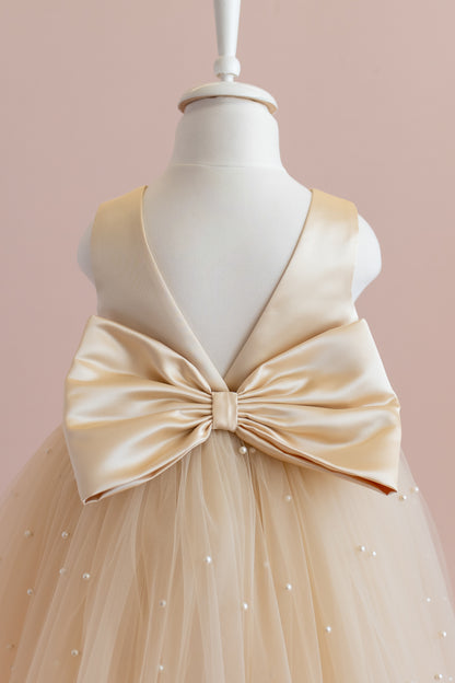 Champagne Pearl Tulle Flower Girl Dress: Satin Bow Gown