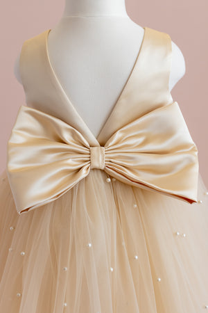 Champagne Pearl Tulle Flower Girl Dress: Satin Bow Gown