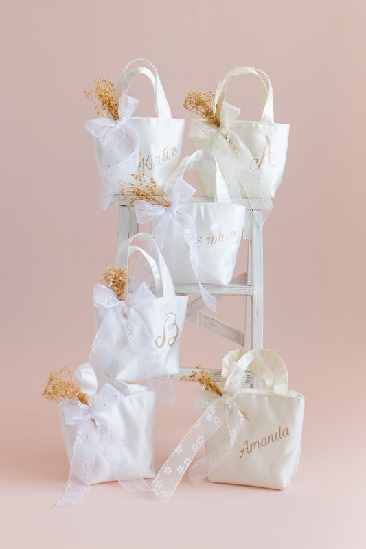 Personalized Satin Flower Girl Tote Bag: Heart Purse & Hair Bow Set