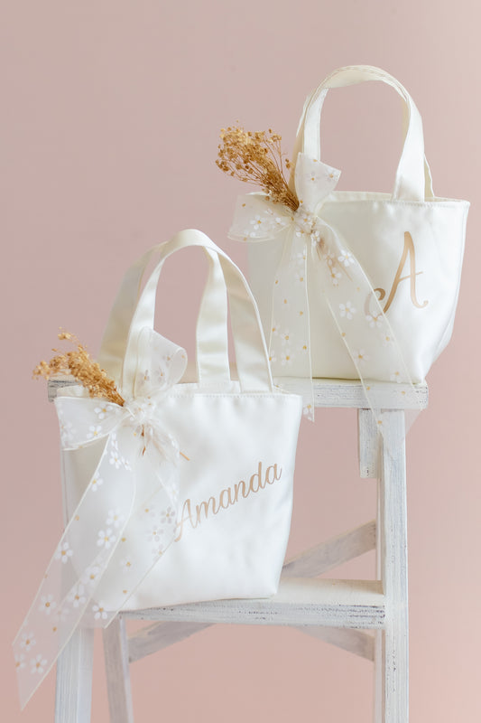 Personalized Satin Flower Girl Tote Bag: Heart Purse & Hair Bow Set
