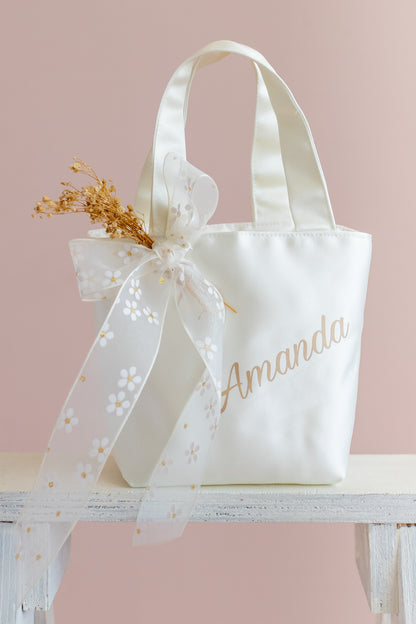 Personalized Satin Flower Girl Tote Bag: Heart Purse & Hair Bow Set