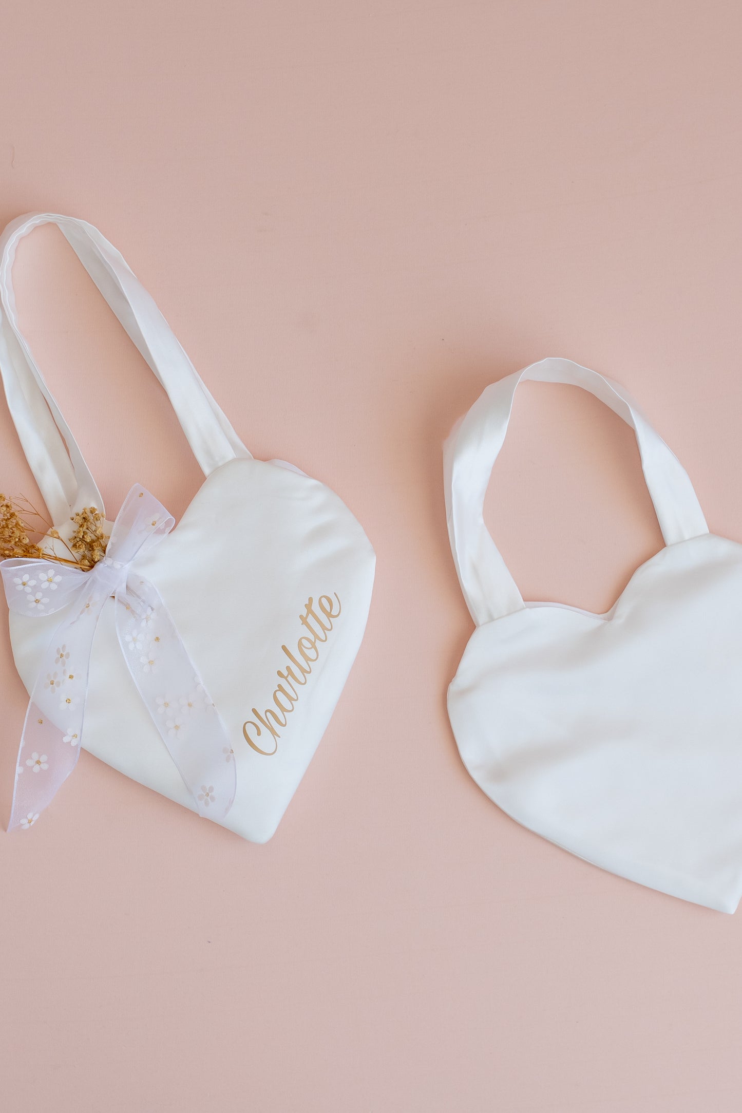 Personalized Satin Flower Girl Tote Bag: Heart Purse & Hair Bow Set