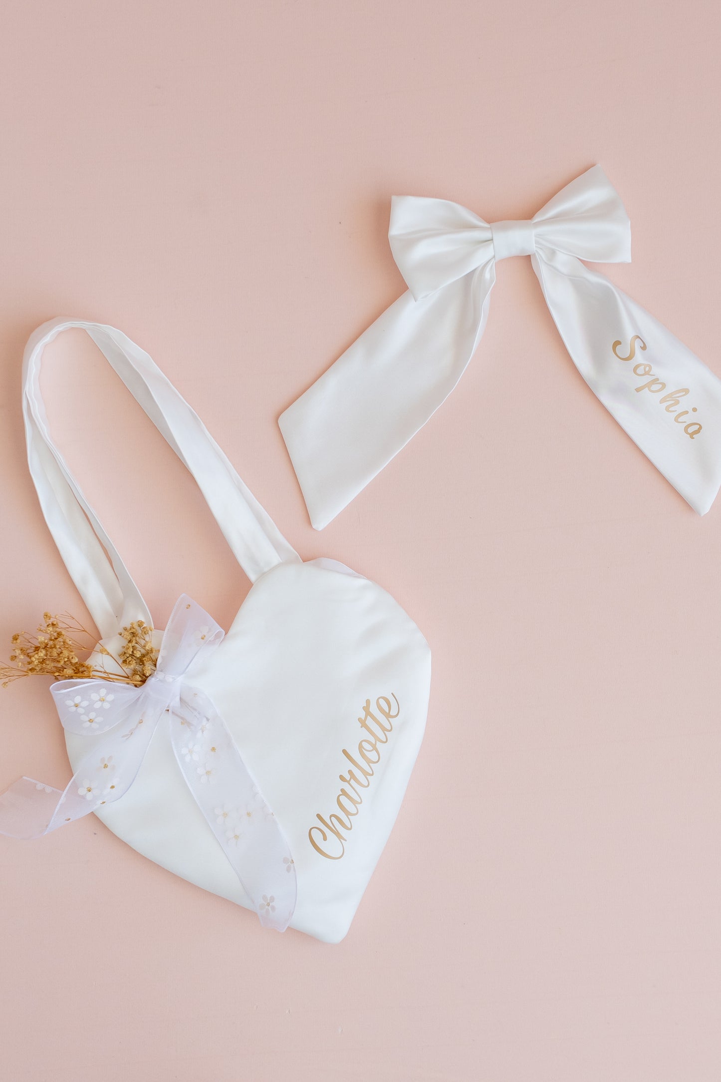 Personalized Satin Flower Girl Tote Bag: Heart Purse & Hair Bow Set