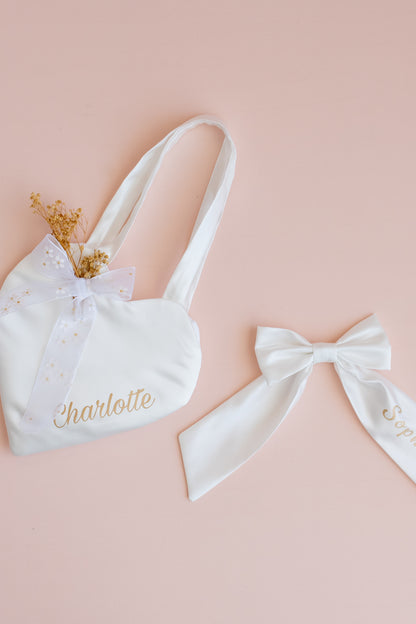 Personalized Satin Flower Girl Tote Bag: Heart Purse & Hair Bow Set