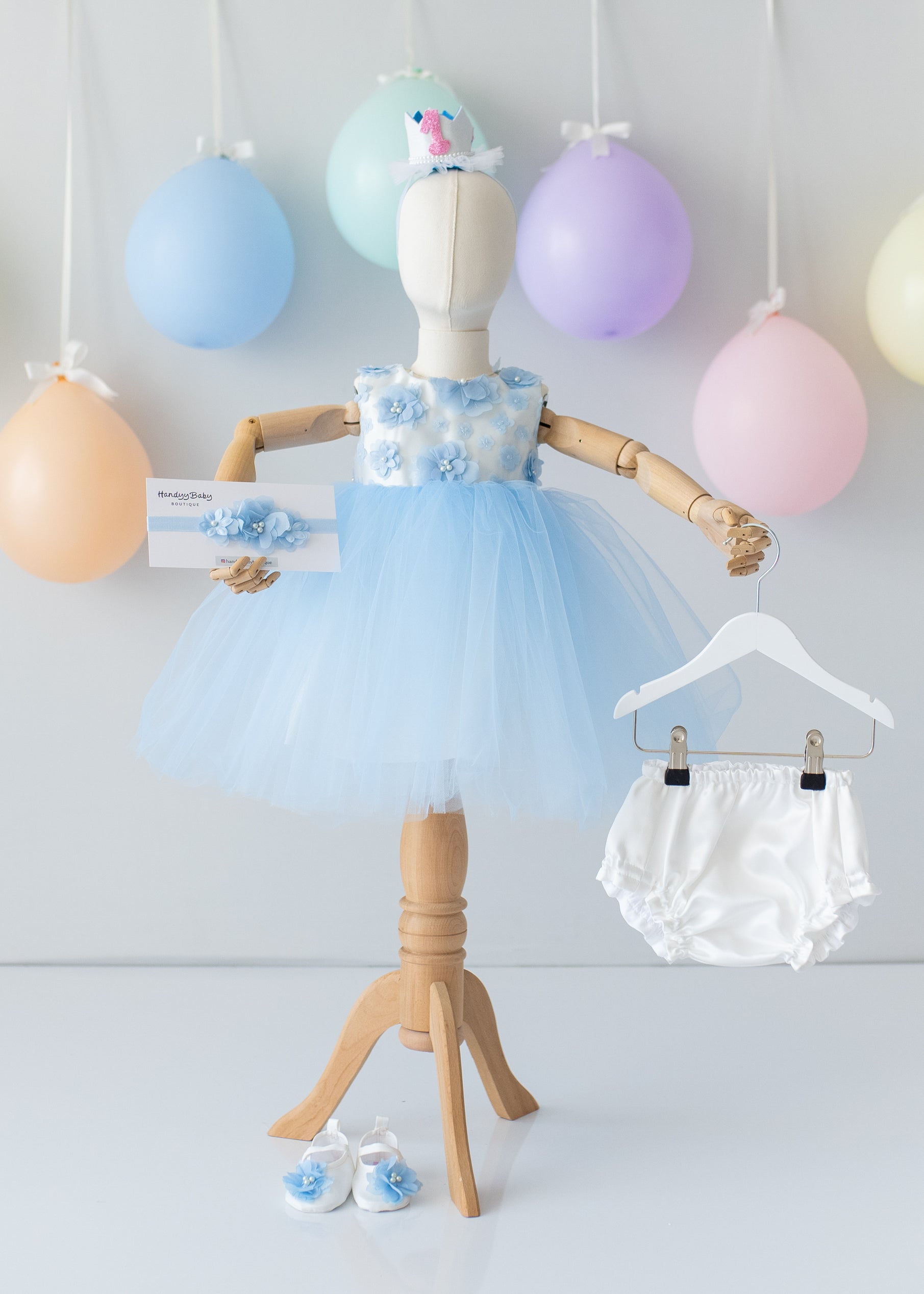Elegant Blue Tulle Toddler Girl Dress with Satin Diaper Cover for Special Occasions 9-12 months US kids' numeric / Dress & Diaper & Crown