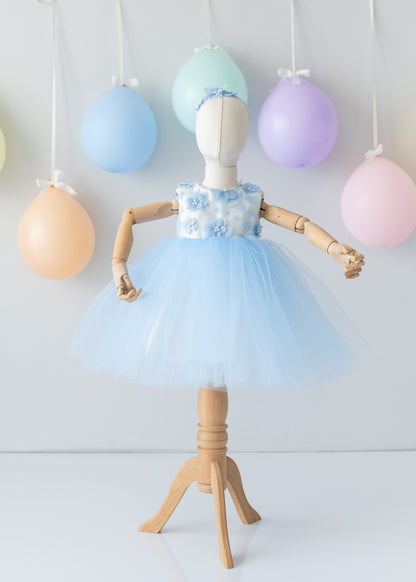 Elegant Blue Tulle Toddler Girl Dress with Satin Diaper Cover for Special Occasions