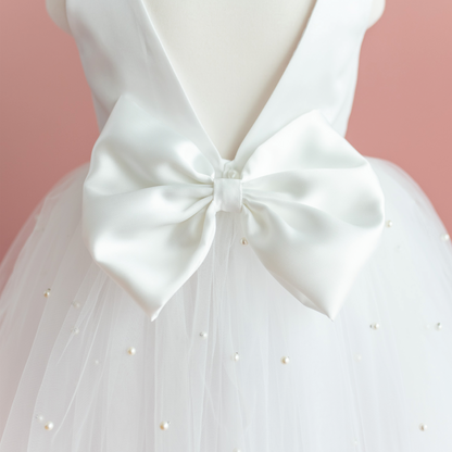 Pearl Tulle Flower Girl Dress: V-Neck Satin Bow Wedding Dress